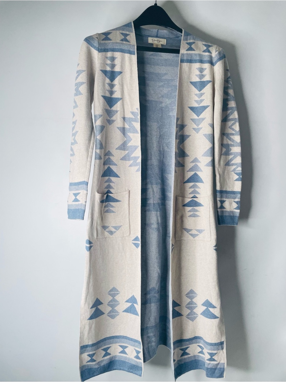 Jessica Simpson Long Open-Front Aztec Cardigan Sweater - Light Blue/Cream